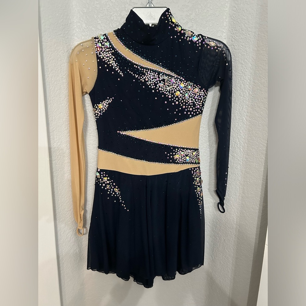 New navy blue figure skating dress with crystals girls size 12/14 women's XS
